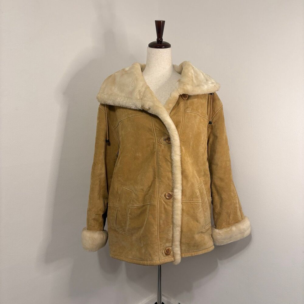 Vintage Tan Suede Leather Shearling Lined Jacket Sz M
